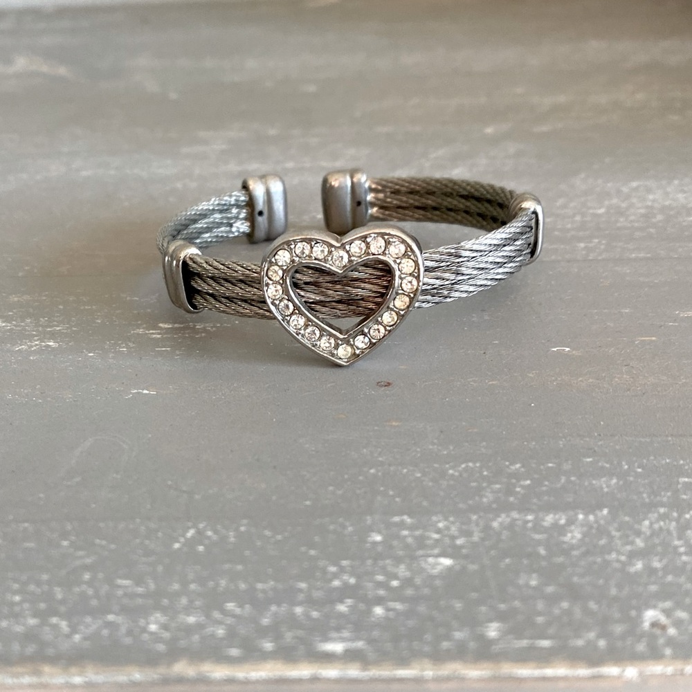 Sterling Silver Heart Cuff Rhinestone Bracelet NEW